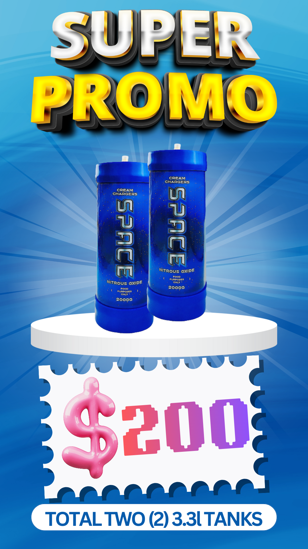 Total 2 Tanks - 2X 3.3L Cream Chargers + Nozzles