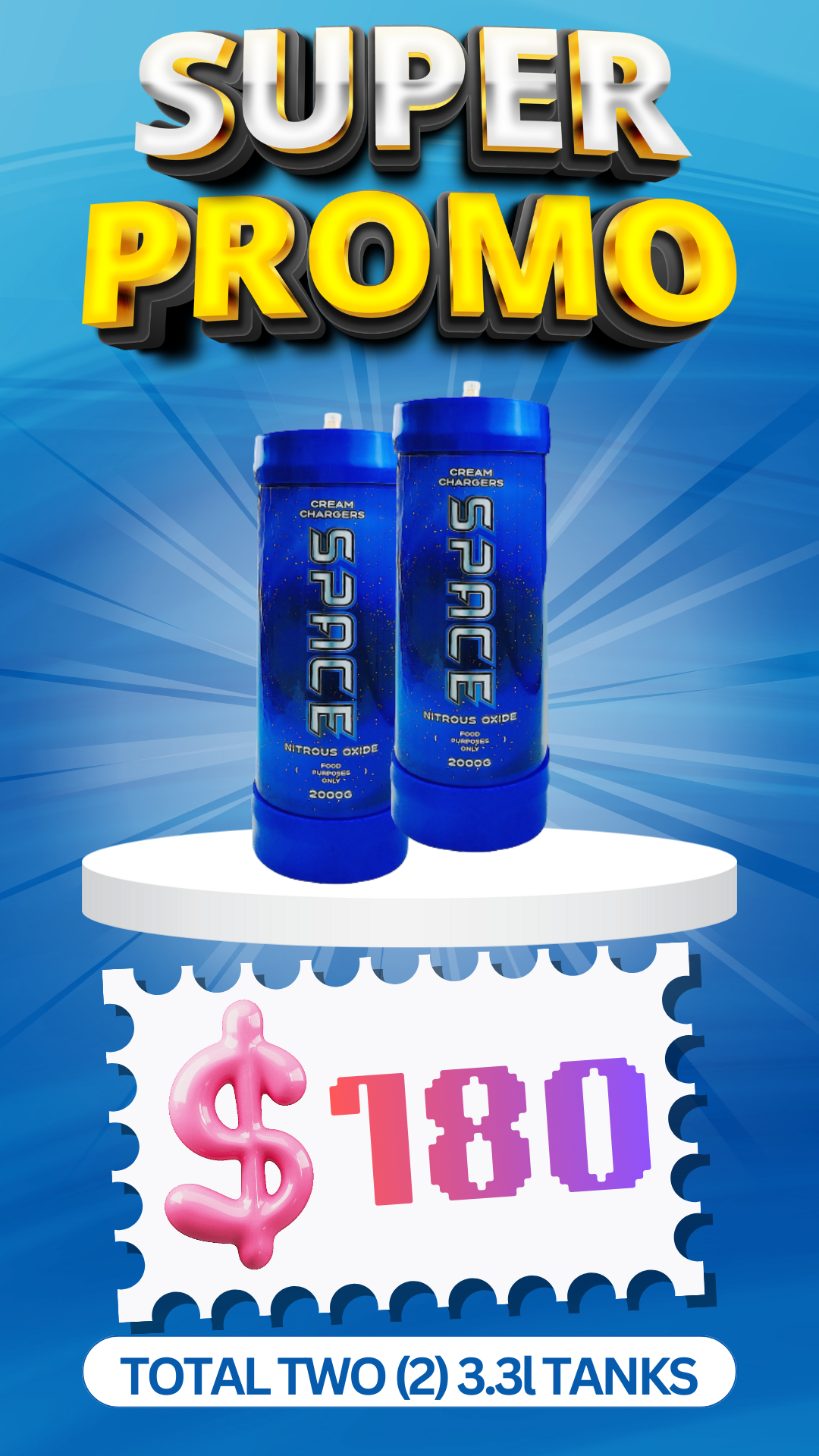 Total 2 Tanks - 2X 3.3L Cream Chargers + Nozzles