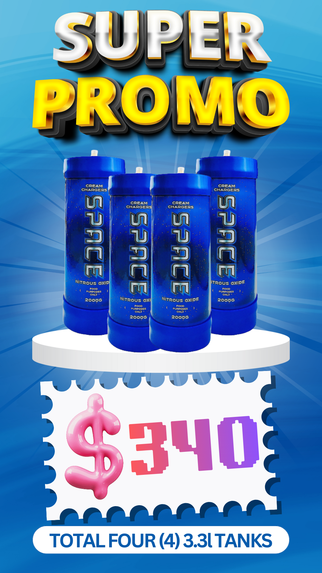 Total 4 Tanks - 4X 3.3L Cream Chargers + Nozzles