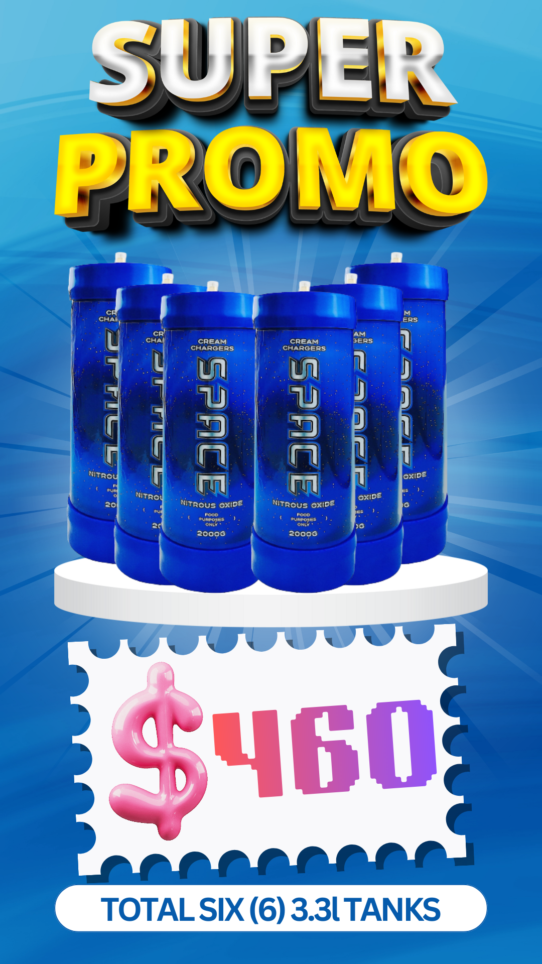 Total 6 Tanks - 6X 3.3L Cream Chargers + Nozzles