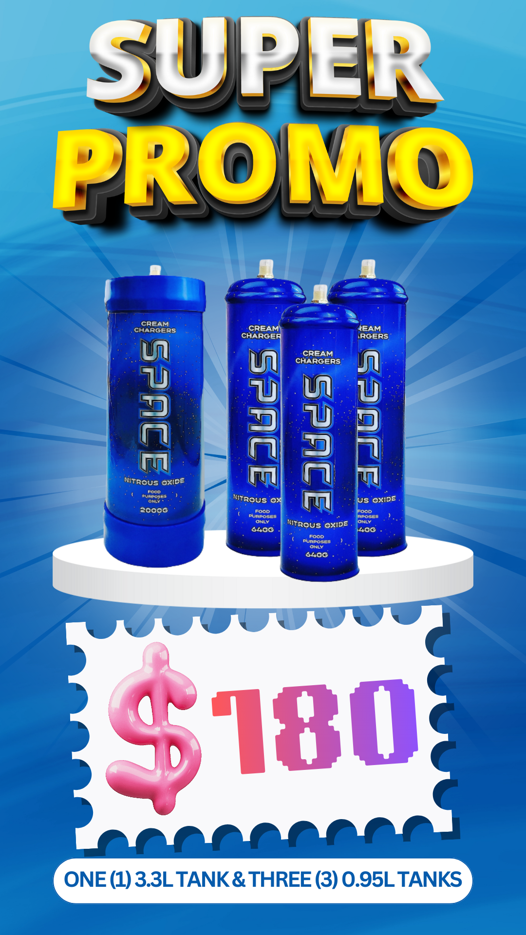 Total 4 Tanks - 1X 3.3L & 3X 0.95L Cream Chargers + Nozzles