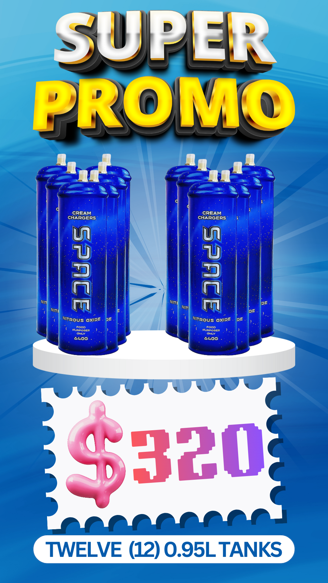 Total 12 Tanks - 12X 0.95L Cream Chargers + Nozzles