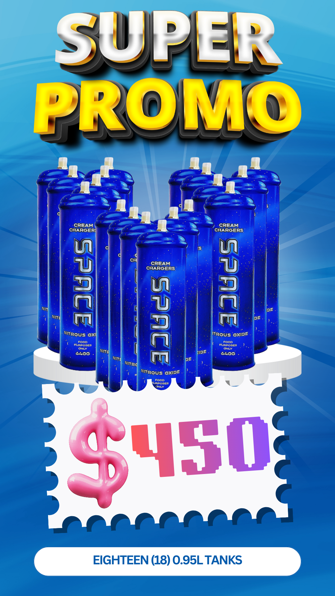 Total 18 Tanks - 18X 0.95L Cream Chargers + Nozzles