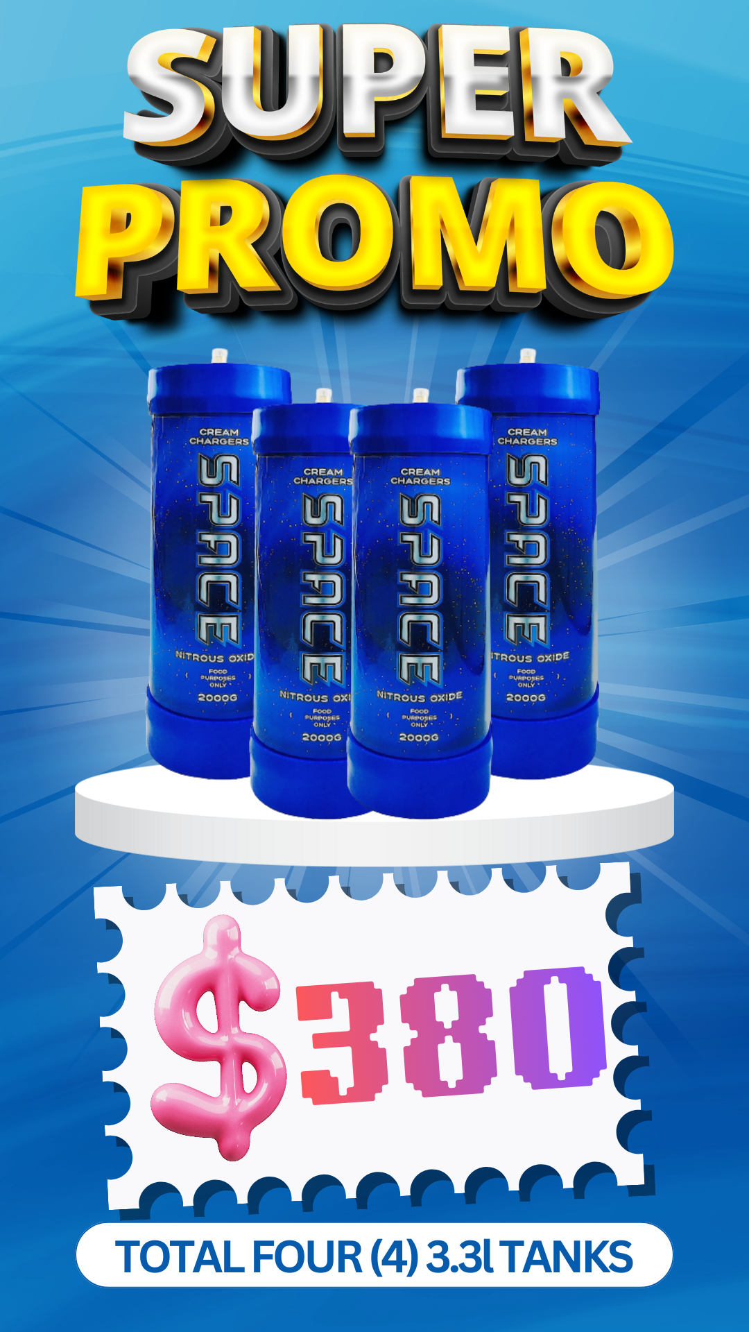 Total 4 Tanks - 4X 3.3L Cream Chargers + Nozzles