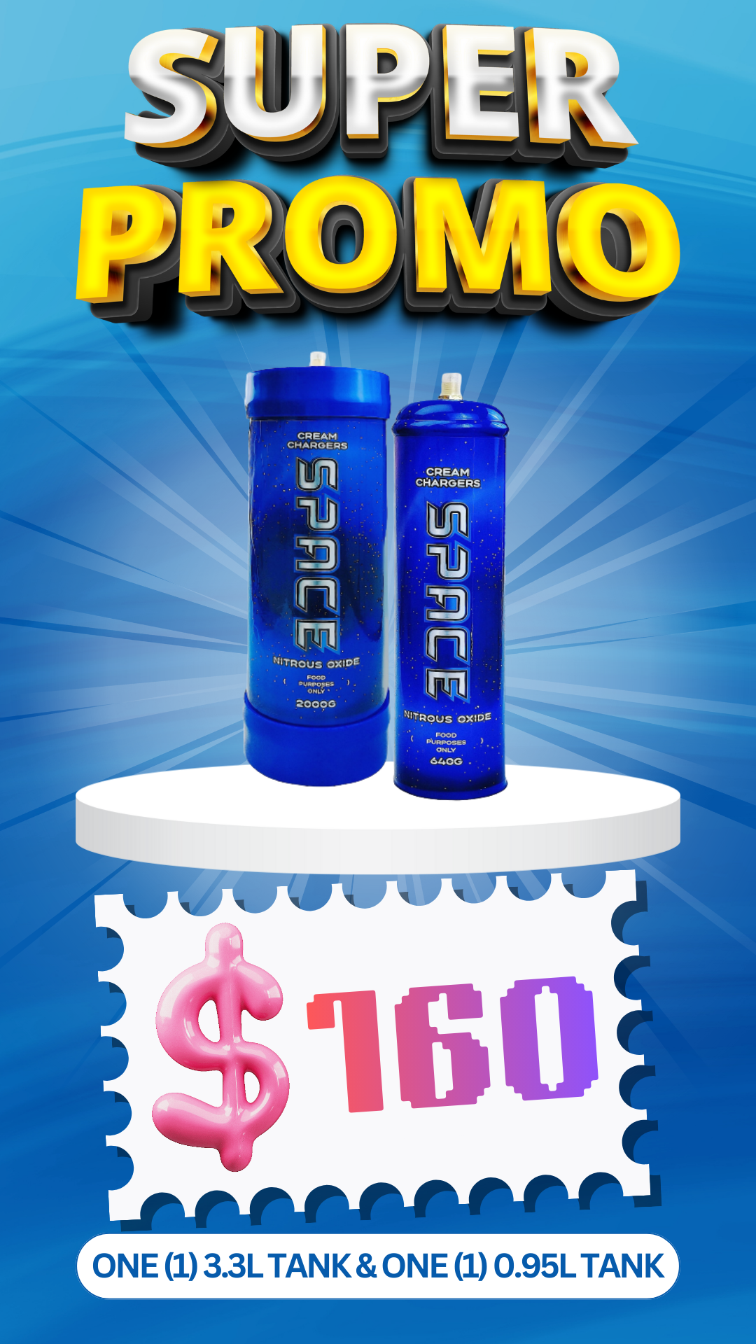 Total 2 Tanks - 1X 3.3L & 1X 0.95L Cream Chargers + Nozzles