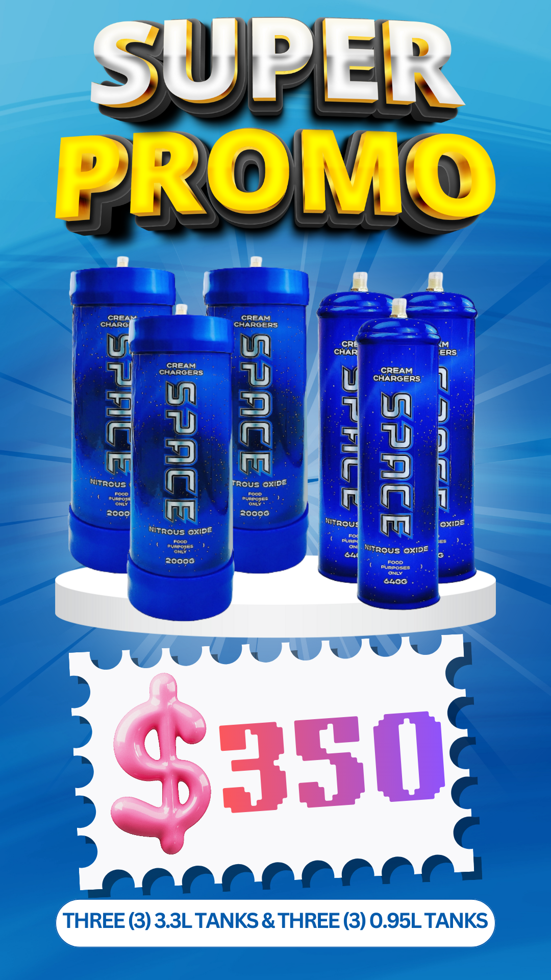Total 6 Tanks - 3X 3.3L & 1X 0.95L Cream Chargers + Nozzles