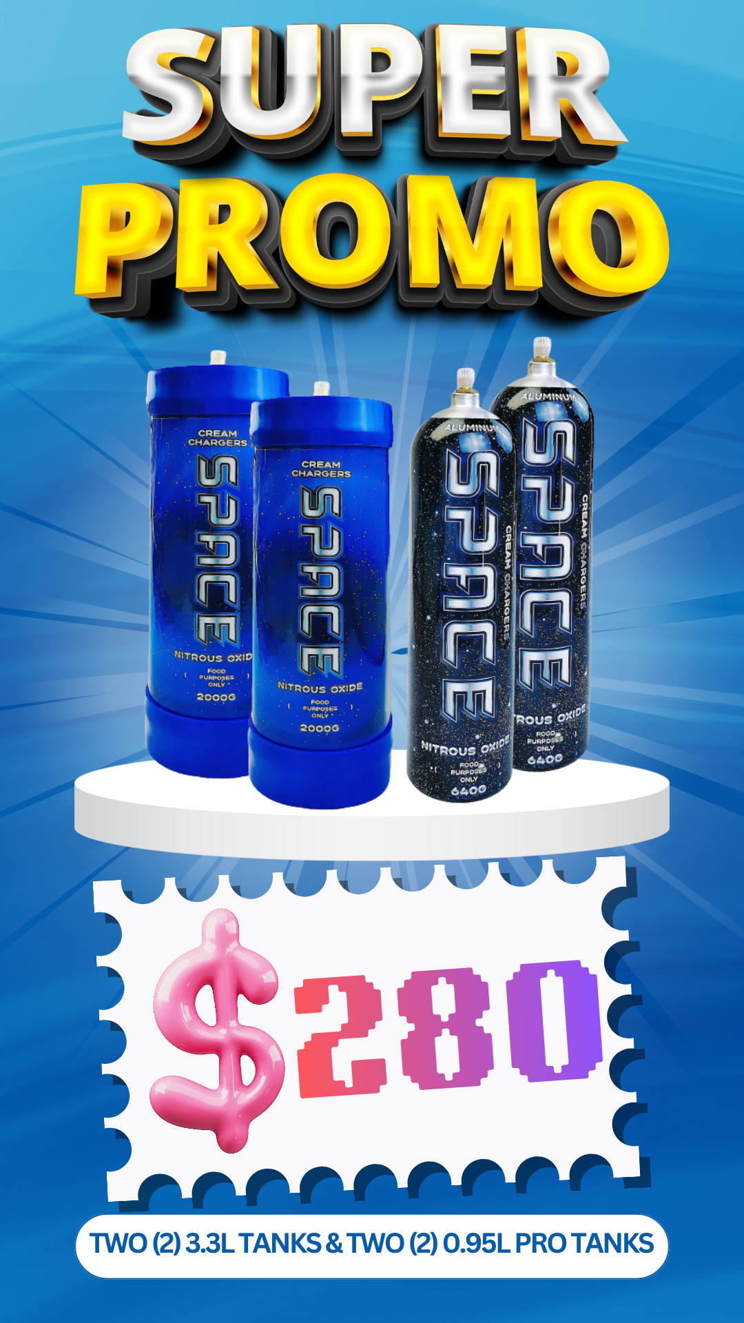 Total 4 Tanks - 2X 3.3L & 2X 0.95L Pro Cream Chargers + Nozzles