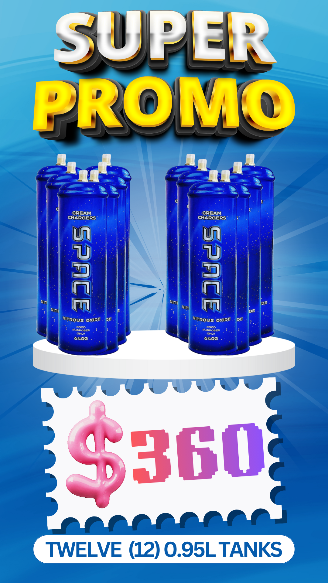 Total 12 Tanks - 12X 0.95L Cream Chargers + Nozzles