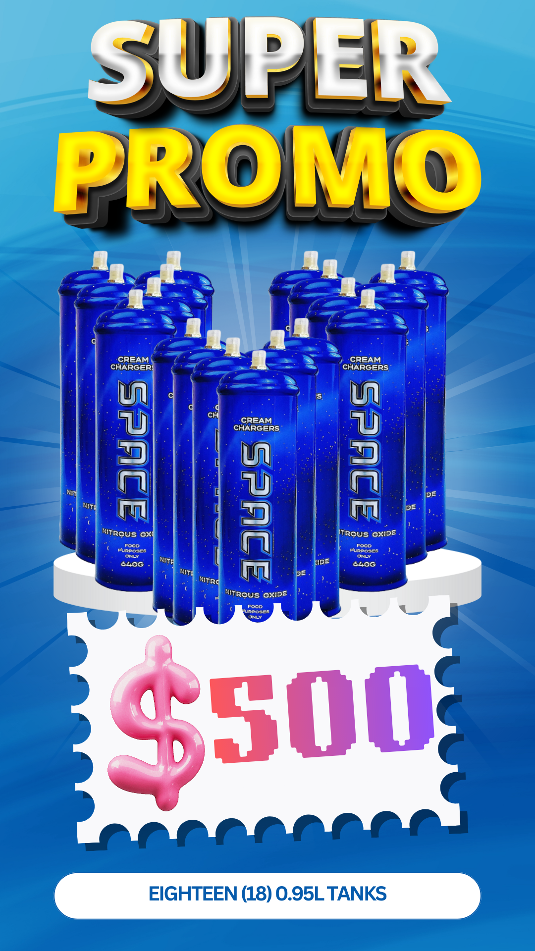 Total 18 Tanks - 18X 0.95L Cream Chargers + Nozzles