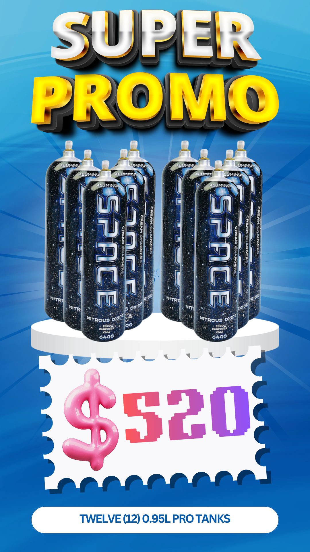 Total 12 Tanks - 12X 0.95L Pro Cream Chargers + Nozzles