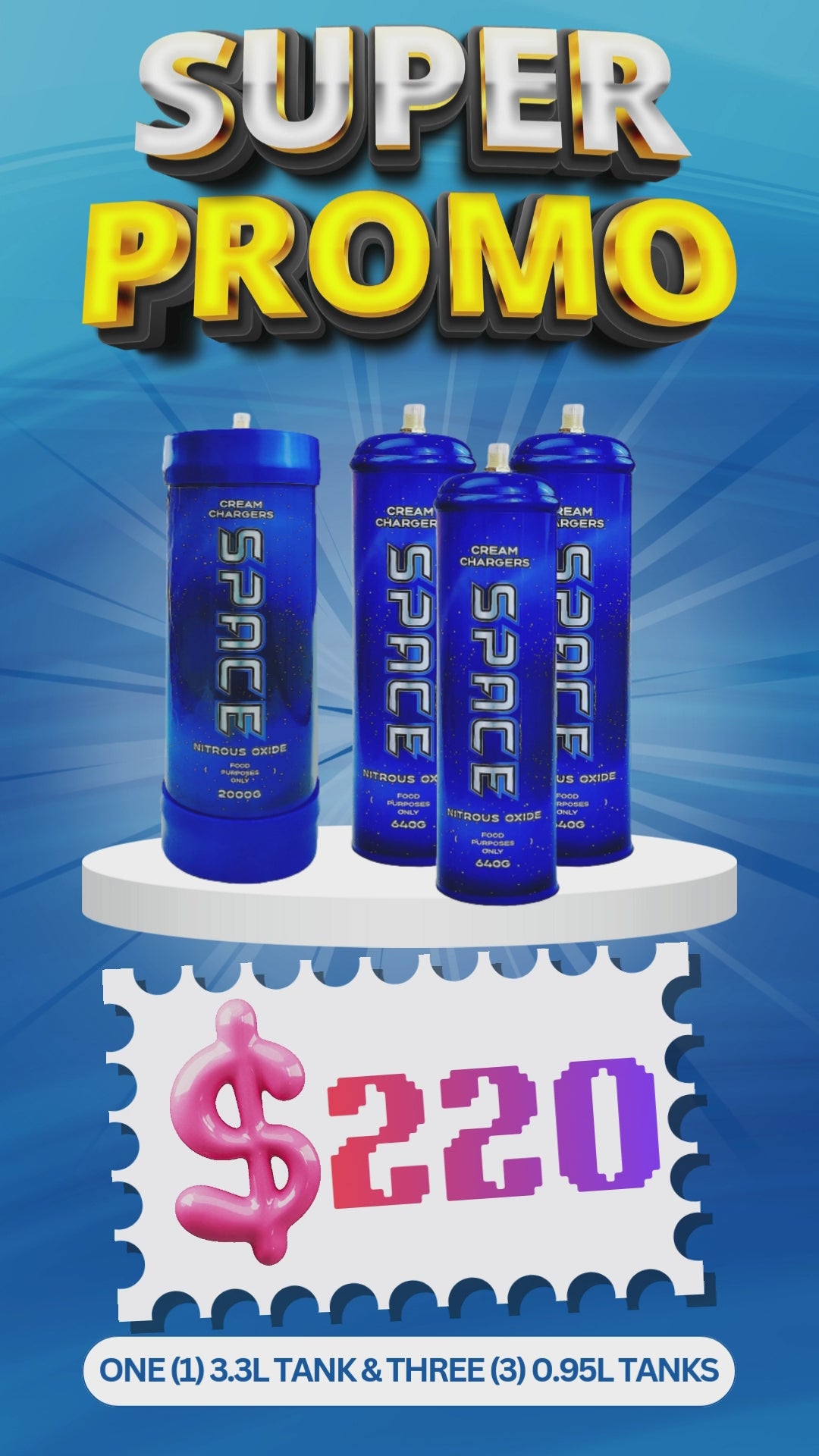 Total 4 Tanks - 1X 3.3L & 3X 0.95L Cream Chargers + Nozzles